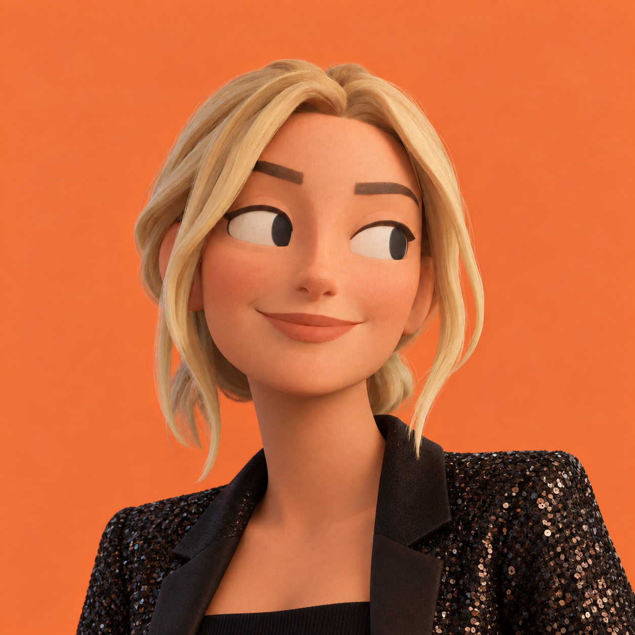 Portrait illustration of Lizzie with blonde hair against a bright orange background